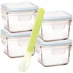 Glasslock Square Baby Set With Silicone Spoon 5 Piece 82mm X 82mm X 57mm / 210ml